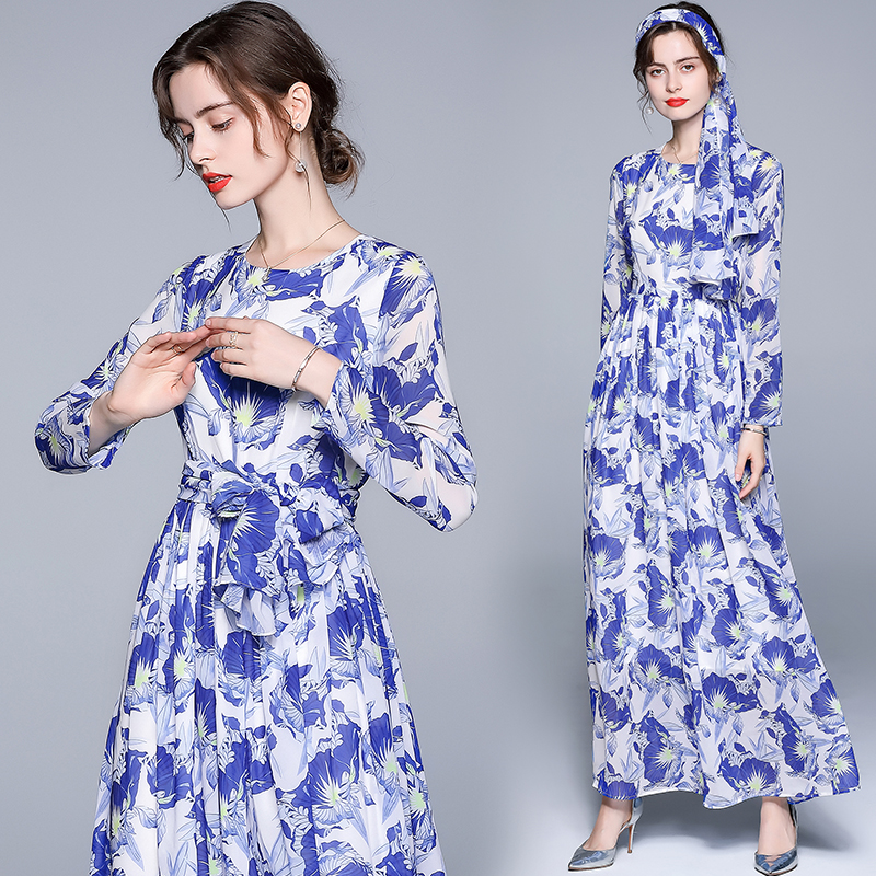 Long sleeve with scarves dress printing long dress