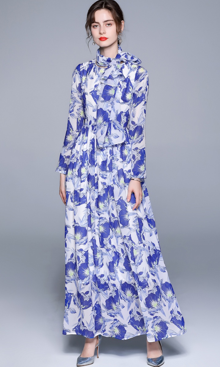 Long sleeve with scarves dress printing long dress