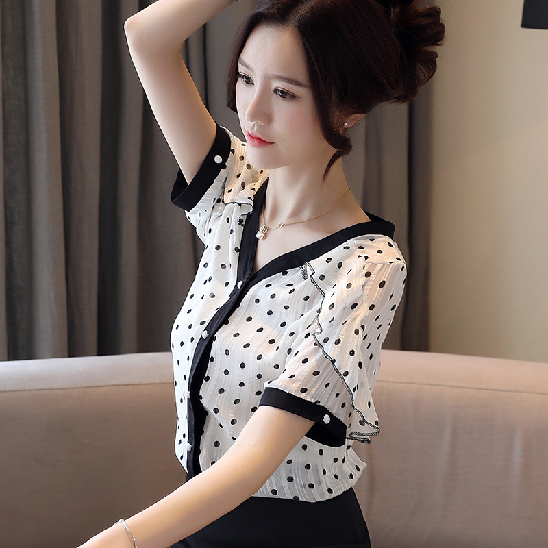 V-neck chiffon shirt polka dot shirt for women