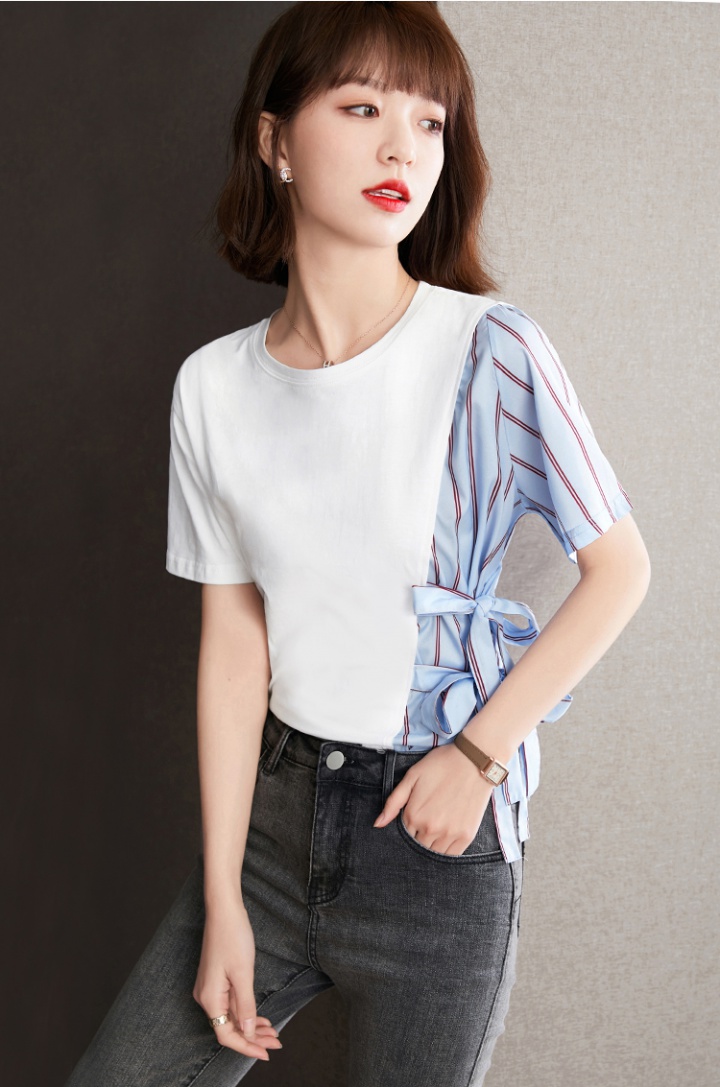 Summer short sleeve T-shirt stripe pinched waist tops