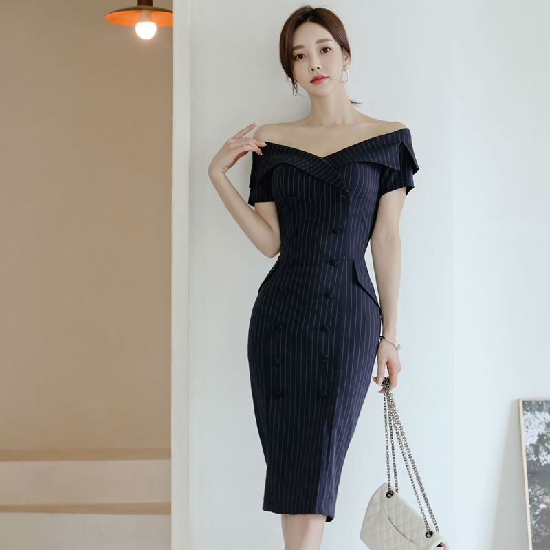 Stripe Korean style T-back horizontal collar dress for women