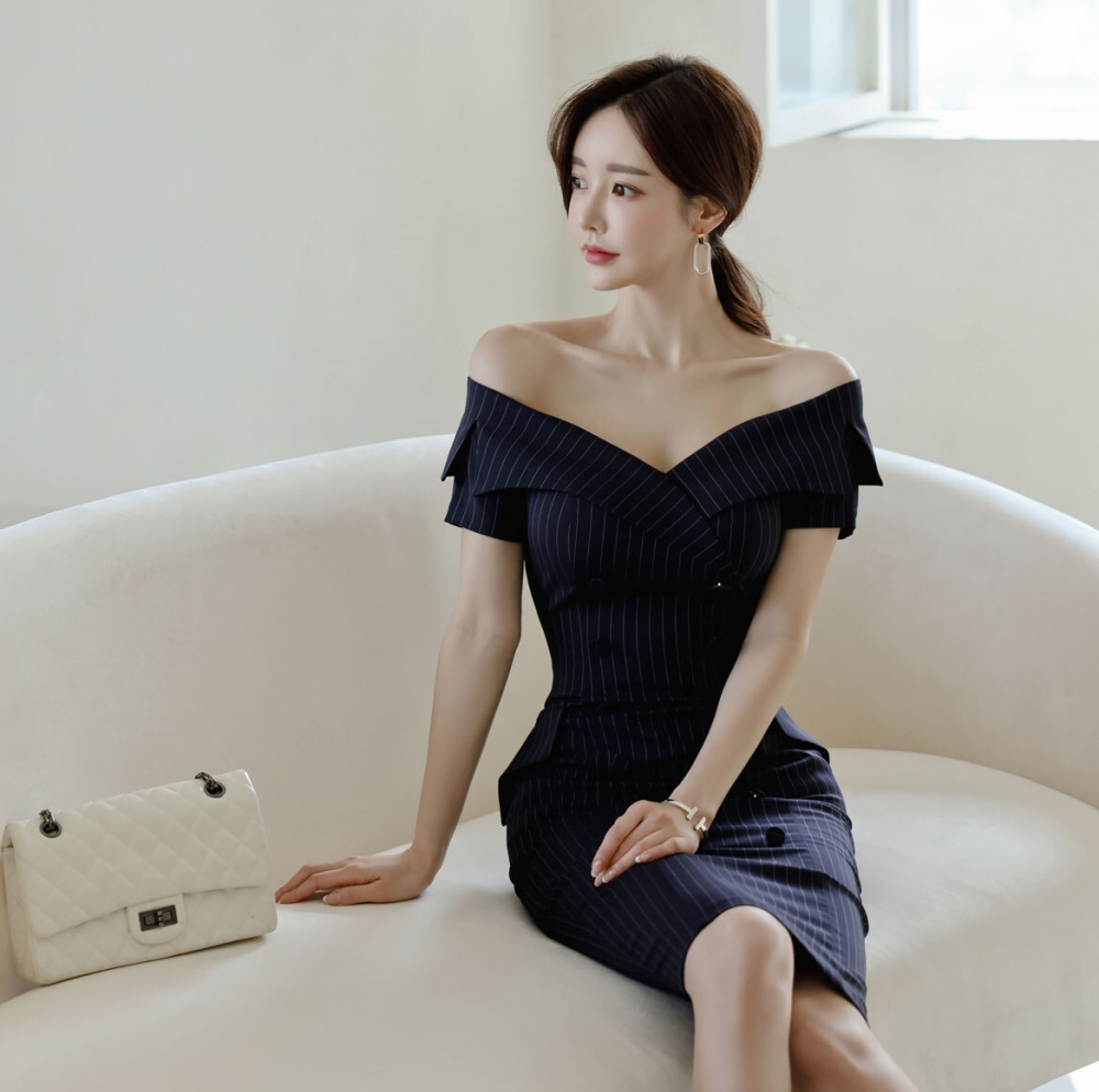 Stripe Korean style T-back horizontal collar dress for women