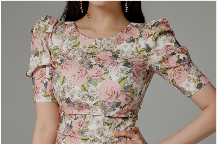 Summer slim printing puff sleeve Korean style round neck dress