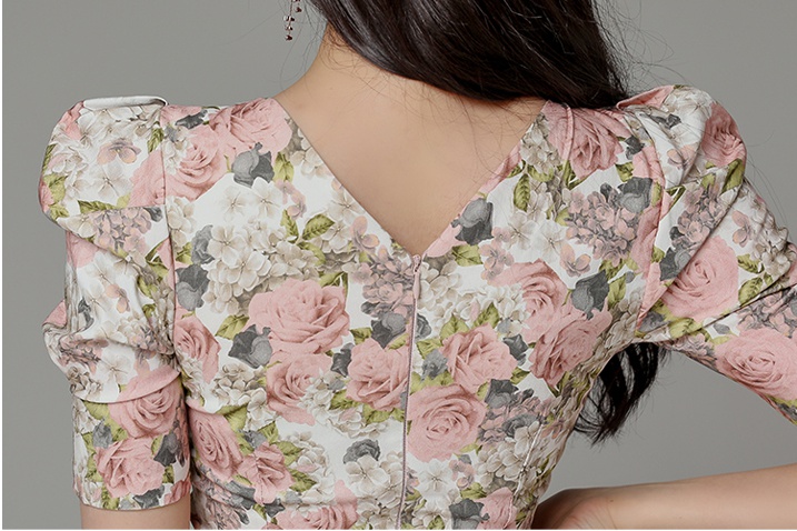 Summer slim printing puff sleeve Korean style round neck dress