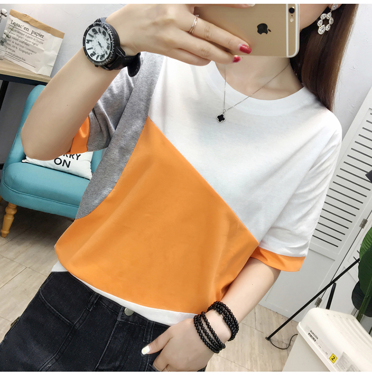 Round neck pure cotton tops splice T-shirt for women
