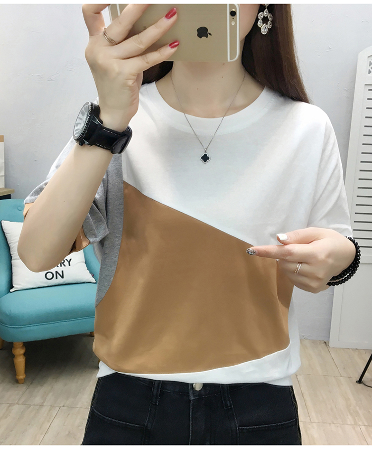 Round neck pure cotton tops splice T-shirt for women