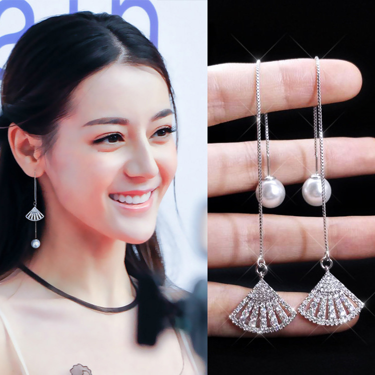 Tassels simple long ear-drop zircon Korean style earrings