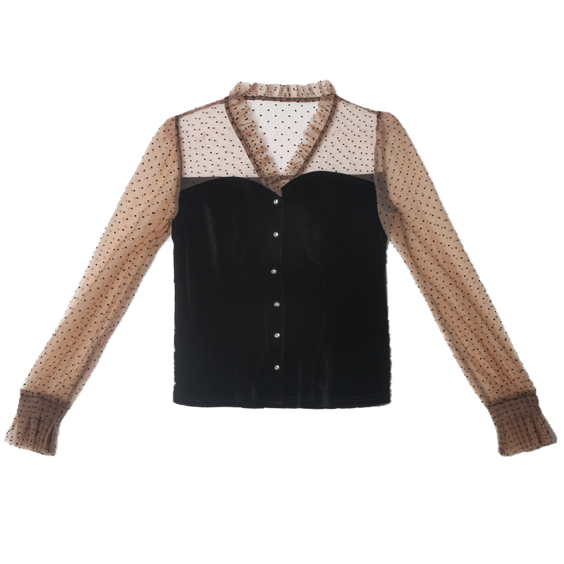 Velvet splice lace retro shirts gauze France style autumn tops