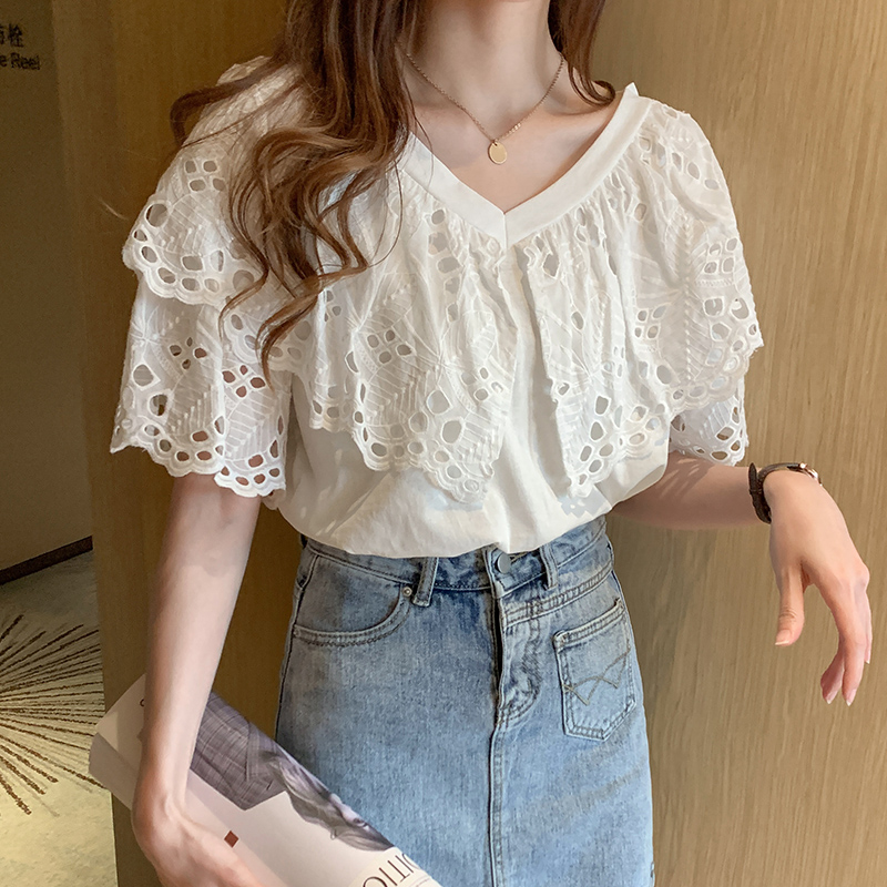 Short sleeve summer T-shirt lace all-match tops for women