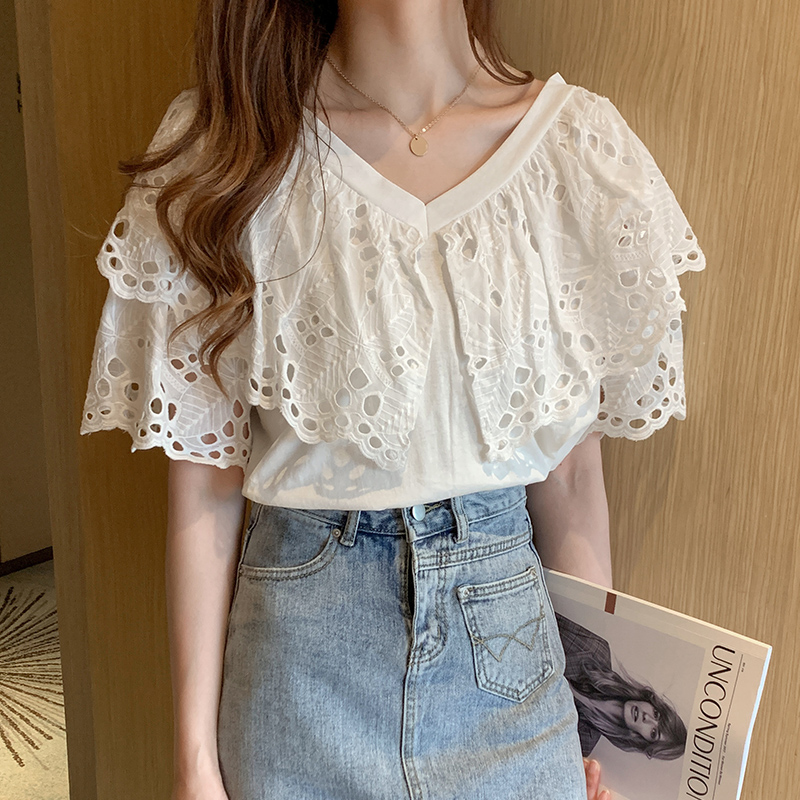 Short sleeve summer T-shirt lace all-match tops for women