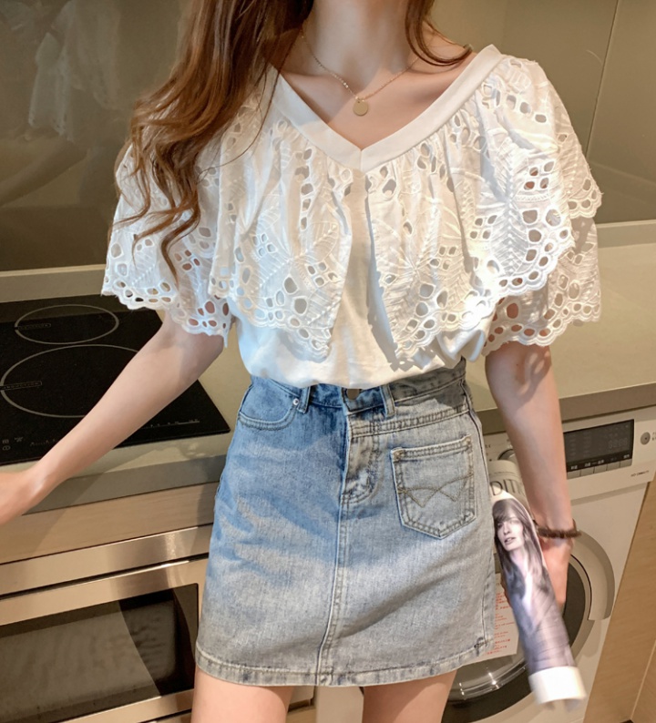 Short sleeve summer T-shirt lace all-match tops for women