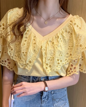 Short sleeve summer T-shirt lace all-match tops for women