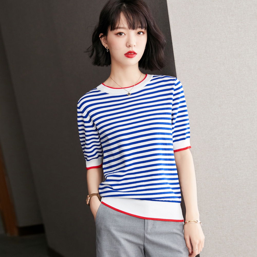 Knitted summer British style short sleeve T-shirt for women