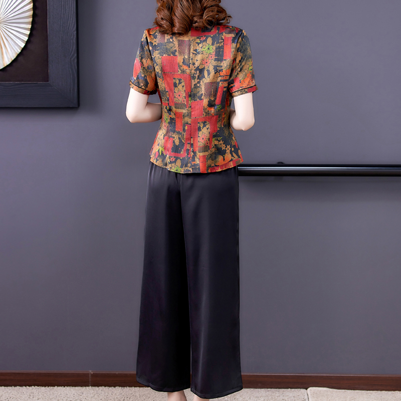 Middle-aged silk imitation silk shirt a set