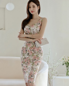 Korean style printing frenum bow temperament dress