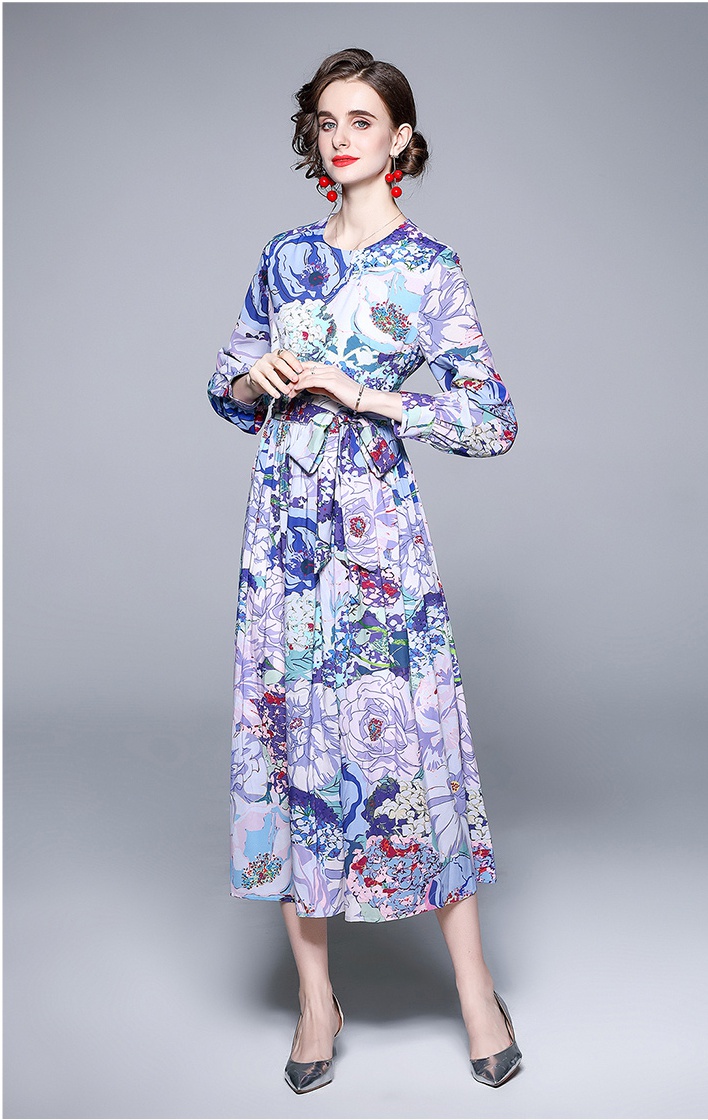 With scarves temperament long dress elegant printing dress