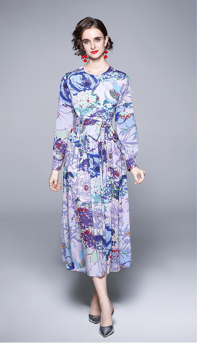 With scarves temperament long dress elegant printing dress