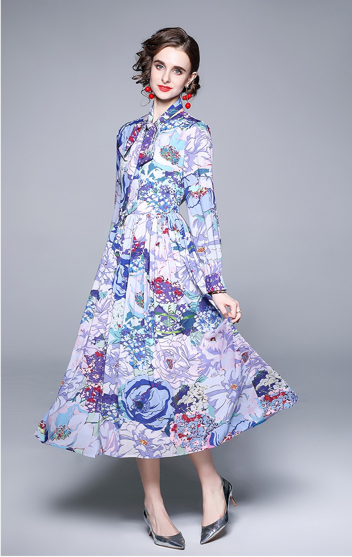 With scarves temperament long dress elegant printing dress