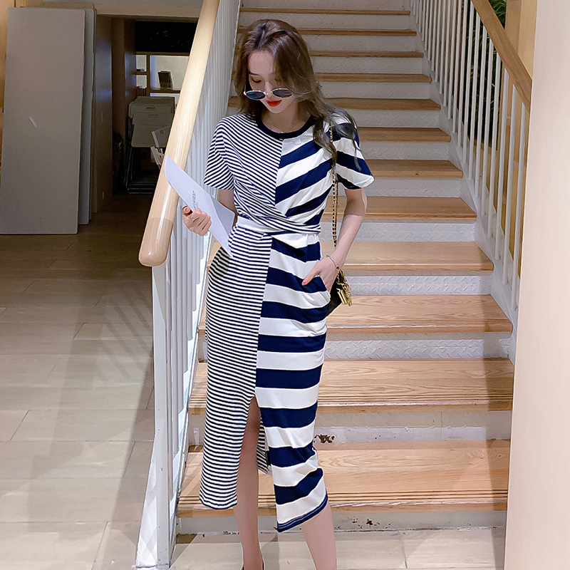 Casual asymmetry stripe summer short sleeve dress for women