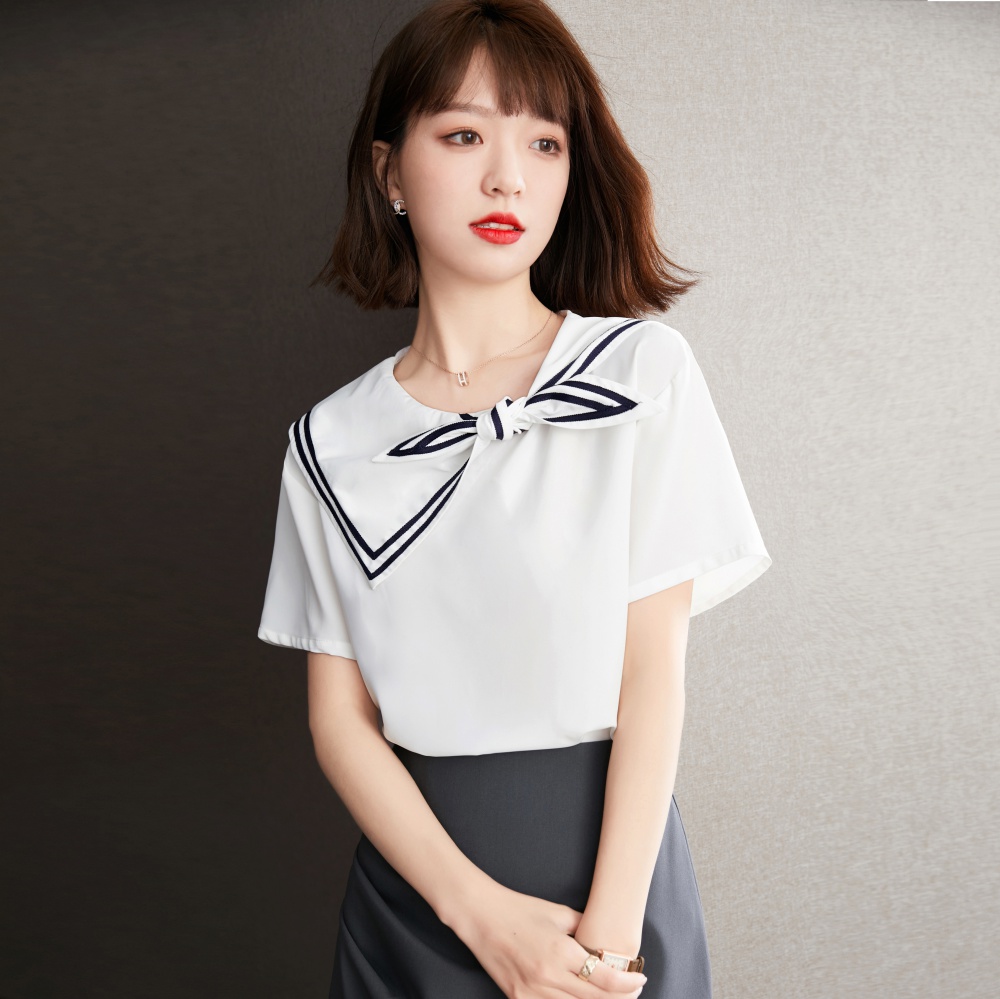 Korean style navy collar short sleeve loose tops for women