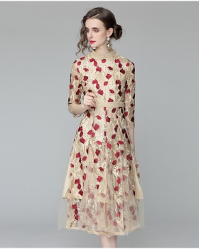 Embroidery gauze big skirt fashion slim round neck dress
