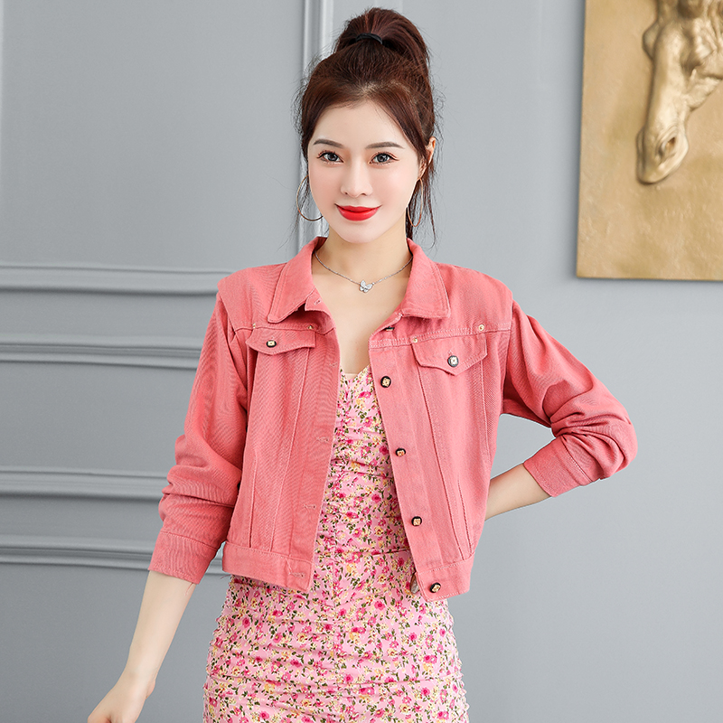Denim loose short coat long sleeve pink tops for women