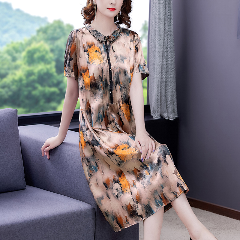 Long summer real silk cheongsam silk middle-aged dress