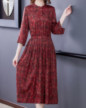 Middle-aged loose short sleeve silk summer long dress