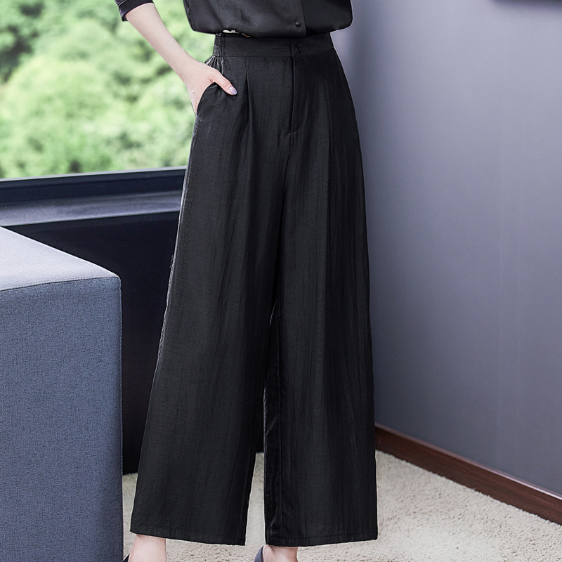 Black real silk pants high waist silk wide leg pants for women