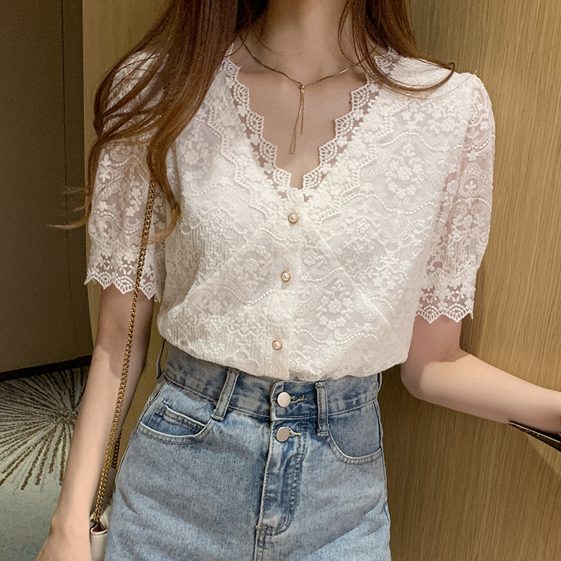V-neck all-match shirt lace splice tops for women