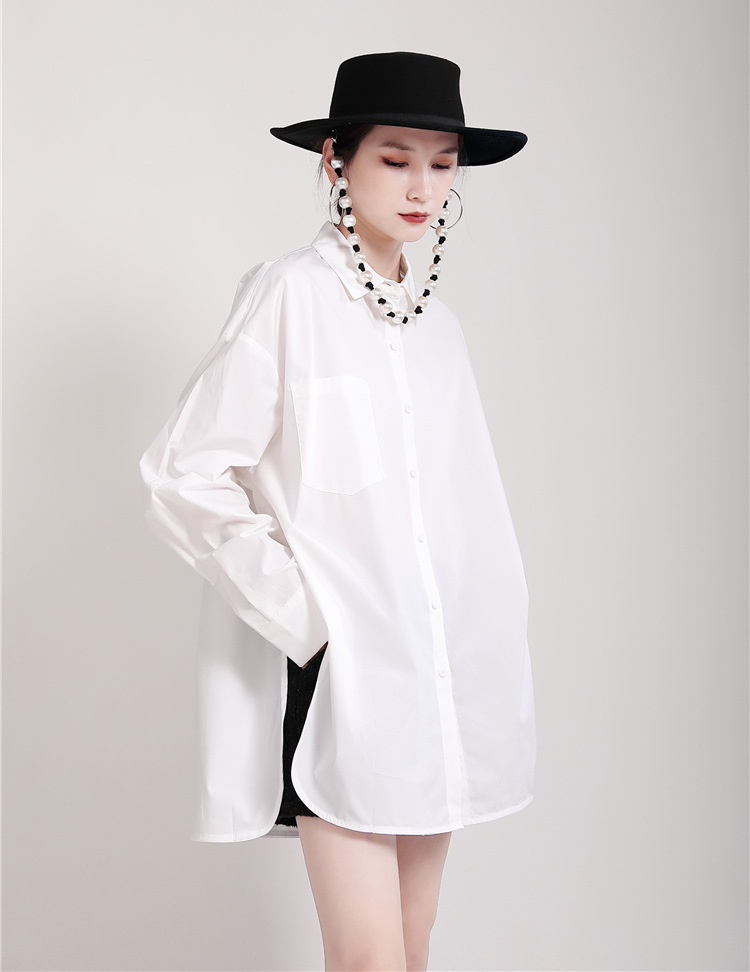 White loose cardigans lapel Casual shirt for women