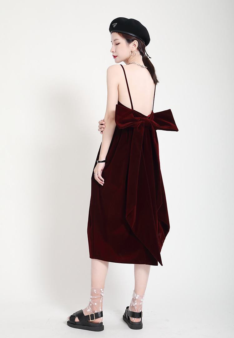 Slim Western style big bow wine-red dress for women