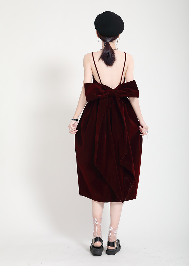 Slim Western style big bow wine-red dress for women