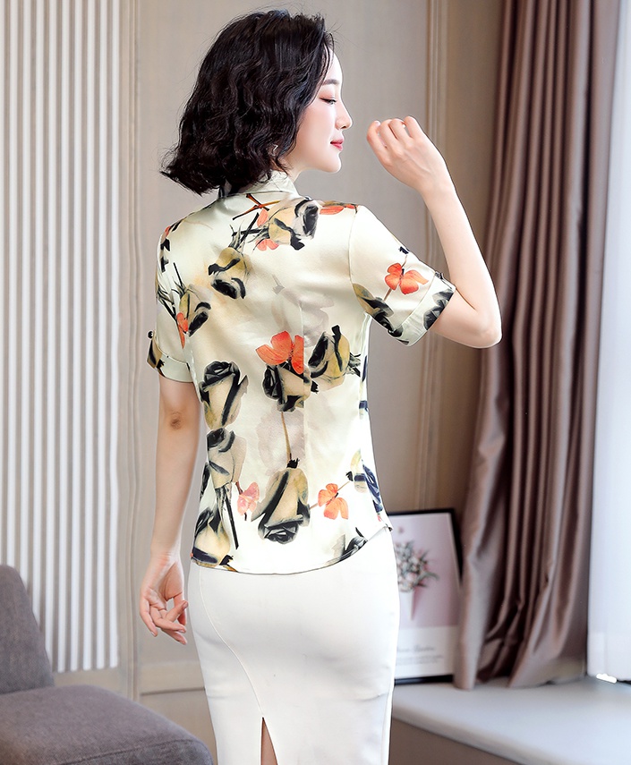 Real silk summer tops retro satin shirt for women