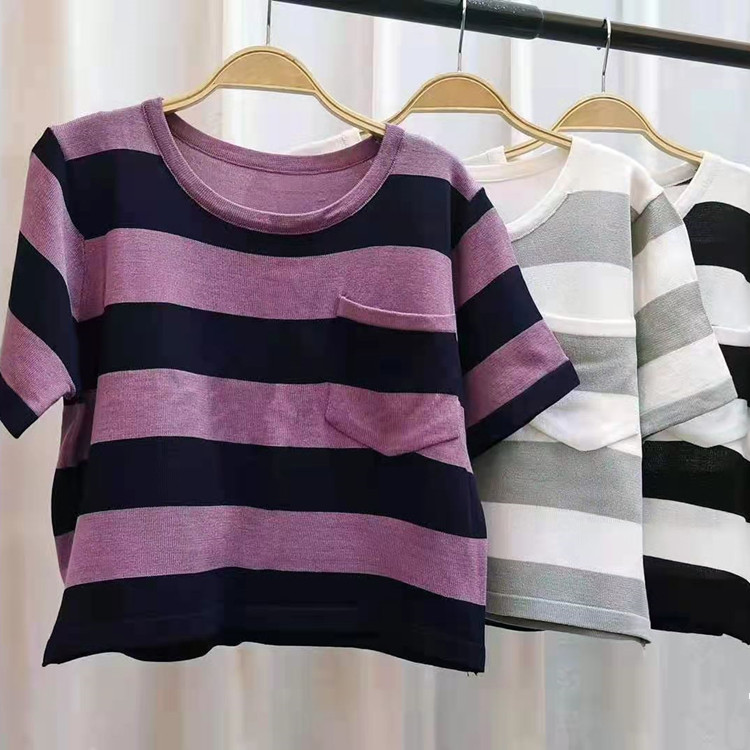 Summer stripe tops short sleeve short sweater