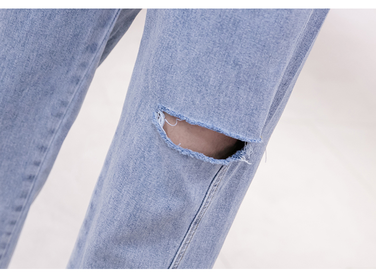 Straight summer holes loose split denim long pants for women