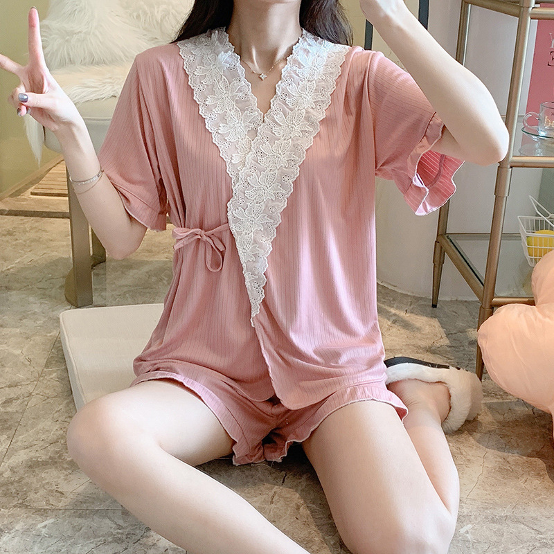 Summer girl thin kimono homewear Casual pajamas 2pcs set