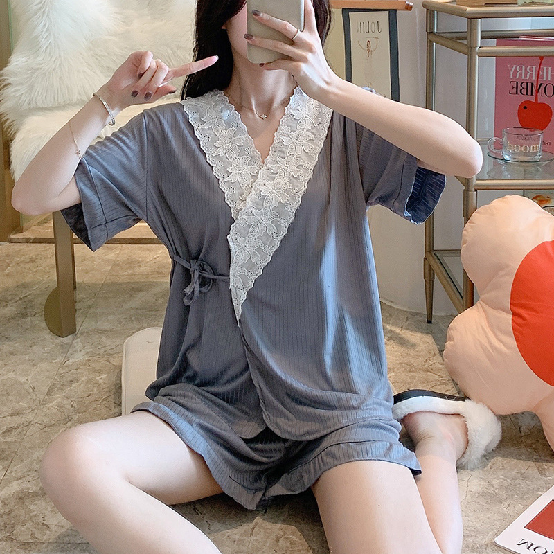 Summer girl thin kimono homewear Casual pajamas 2pcs set