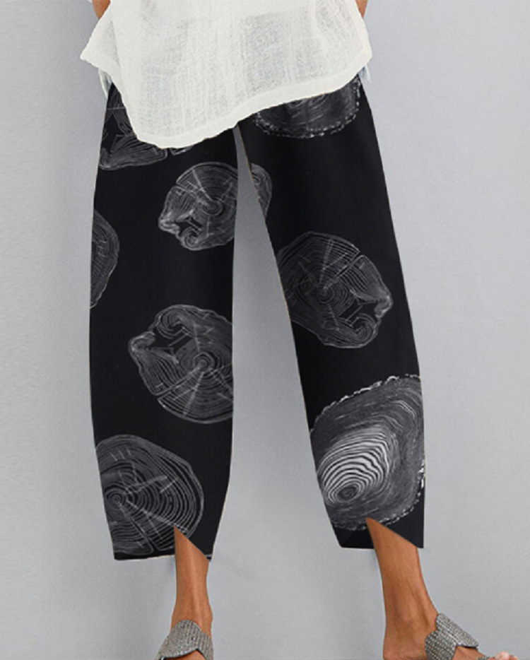 Fashion printing elastic waist pocket casual pants for women