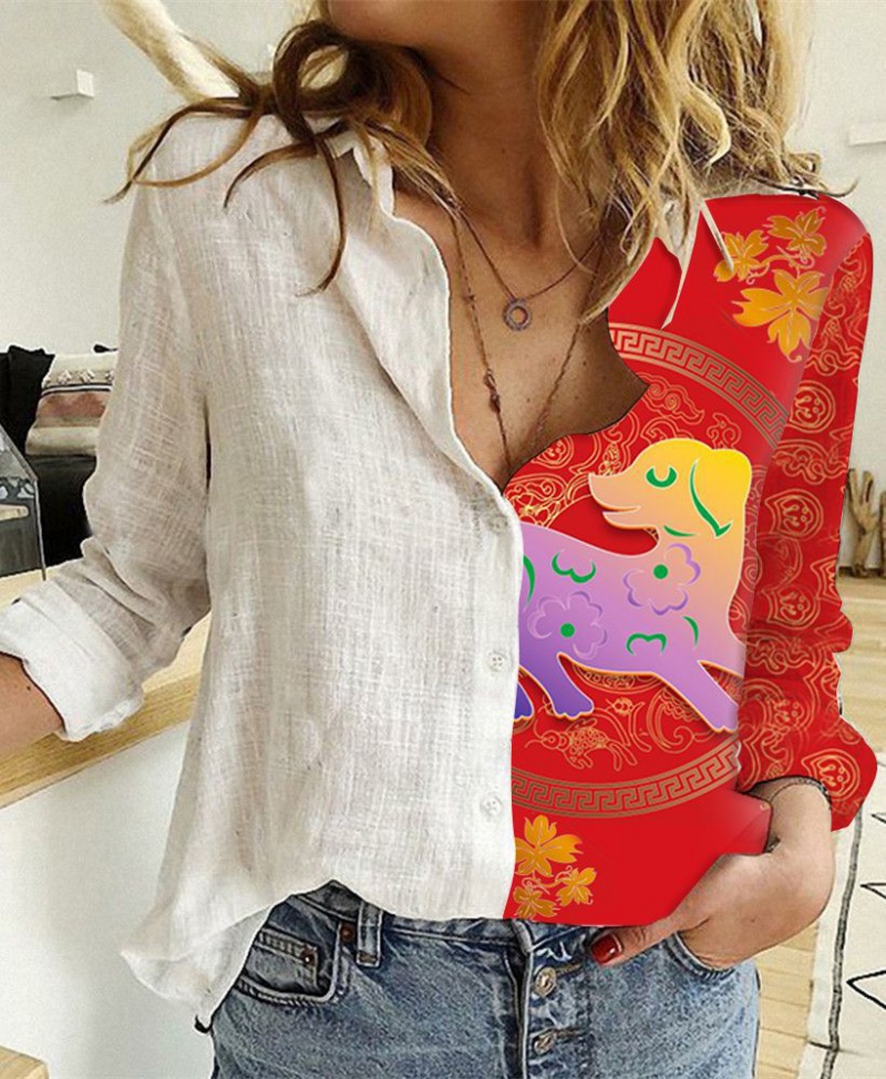 Dog printing Chinese style long sleeve shirt for women
