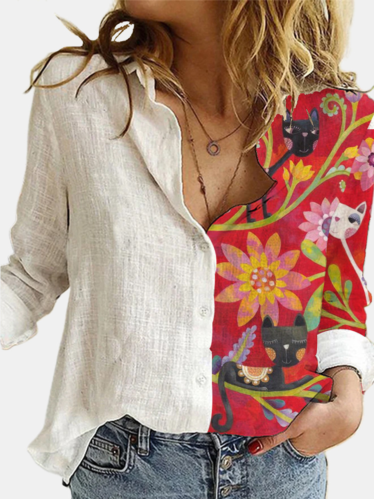 Digital flowers loose long sleeve printing shirt for women