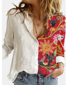 Digital flowers loose long sleeve printing shirt for women