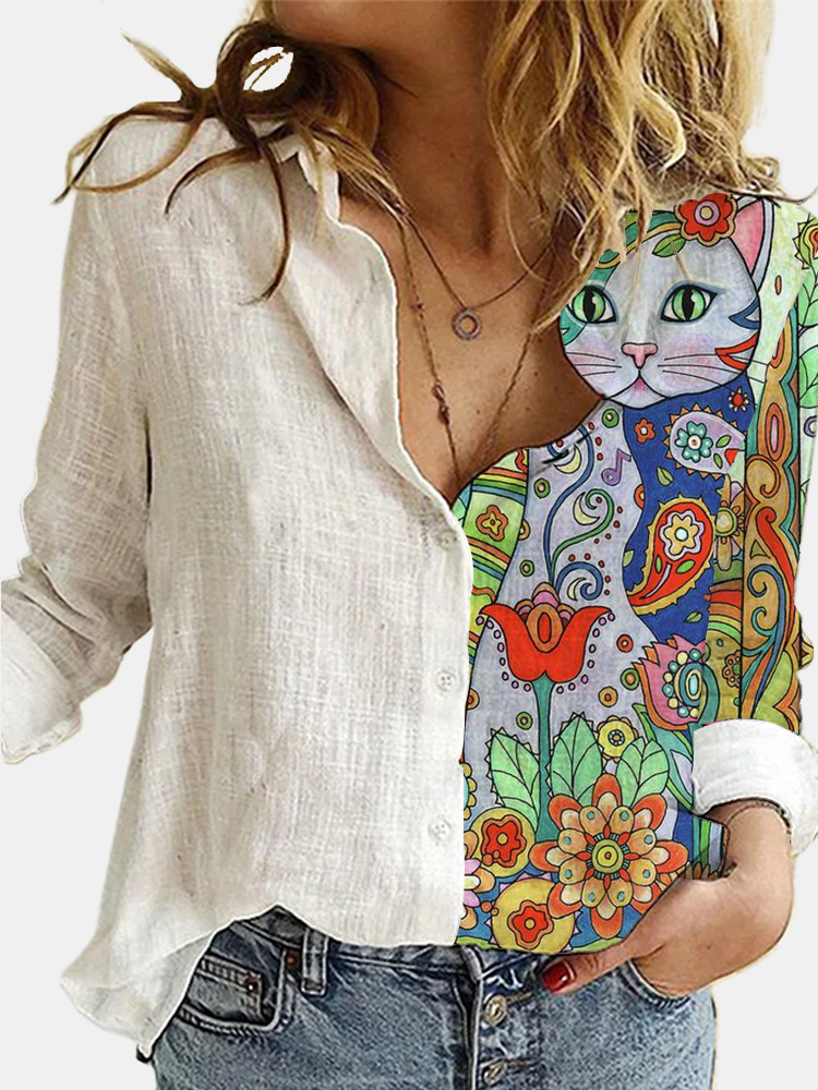 Kitty long sleeve animal loose printing shirt for women