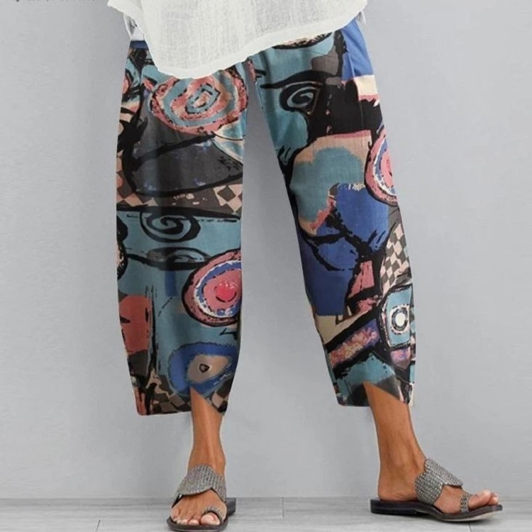 Fashion irregular pocket loose printing elastic waist pants
