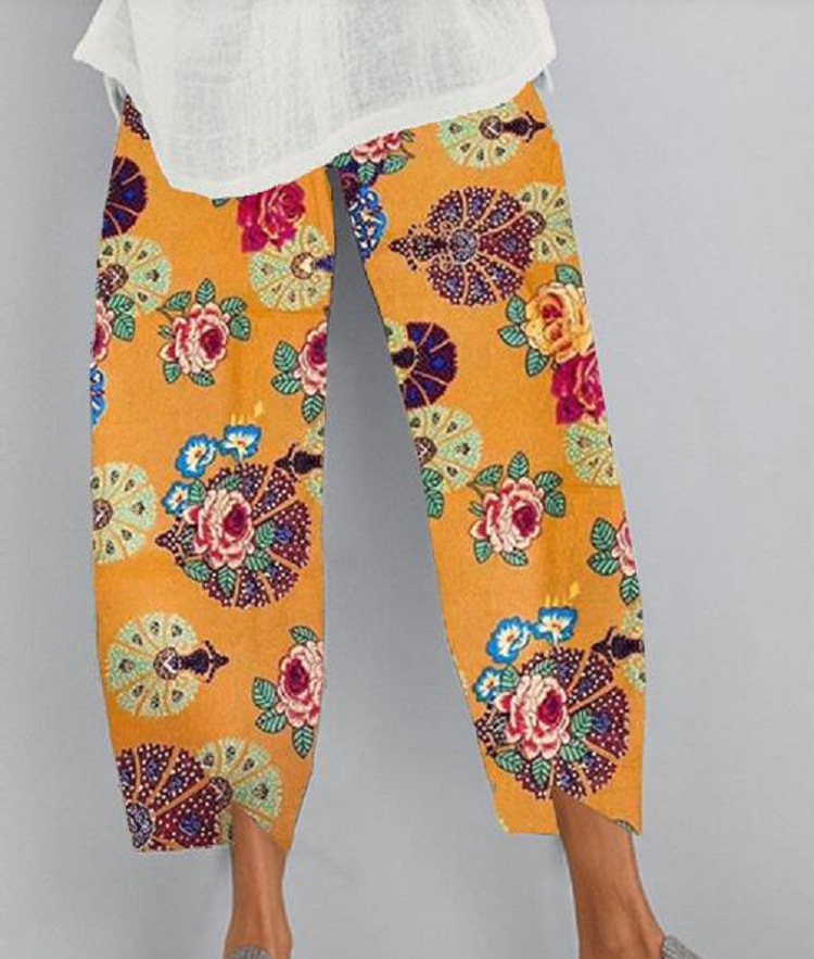 Printing loose cotton linen fashion casual pants for women