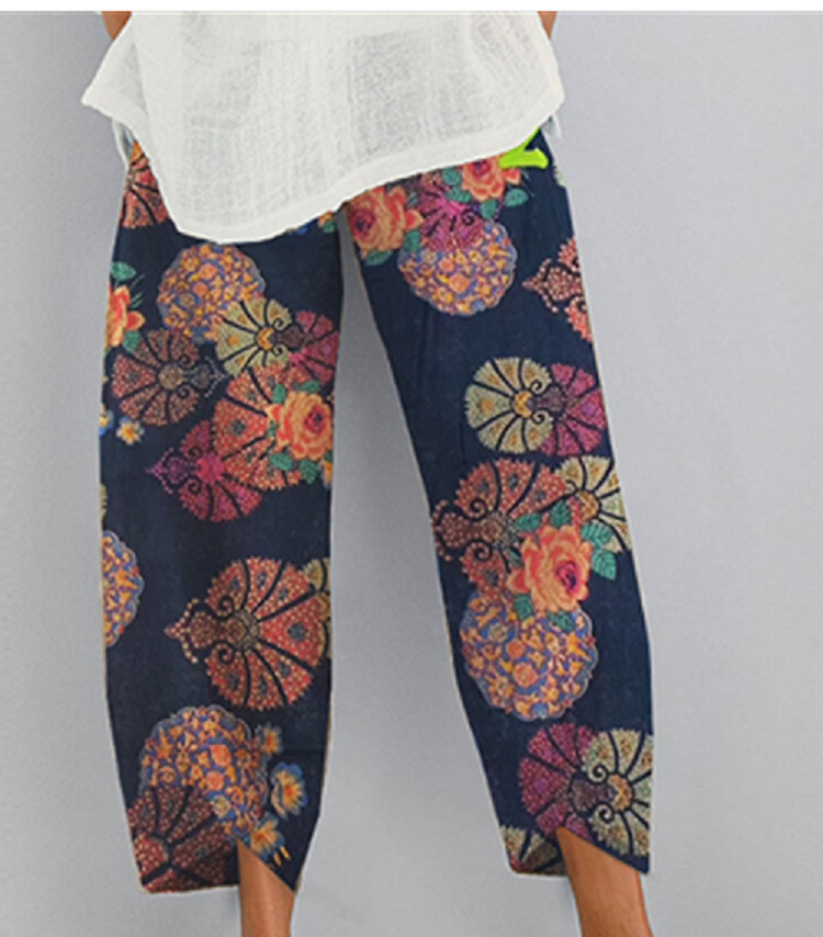 Printing loose cotton linen fashion casual pants for women