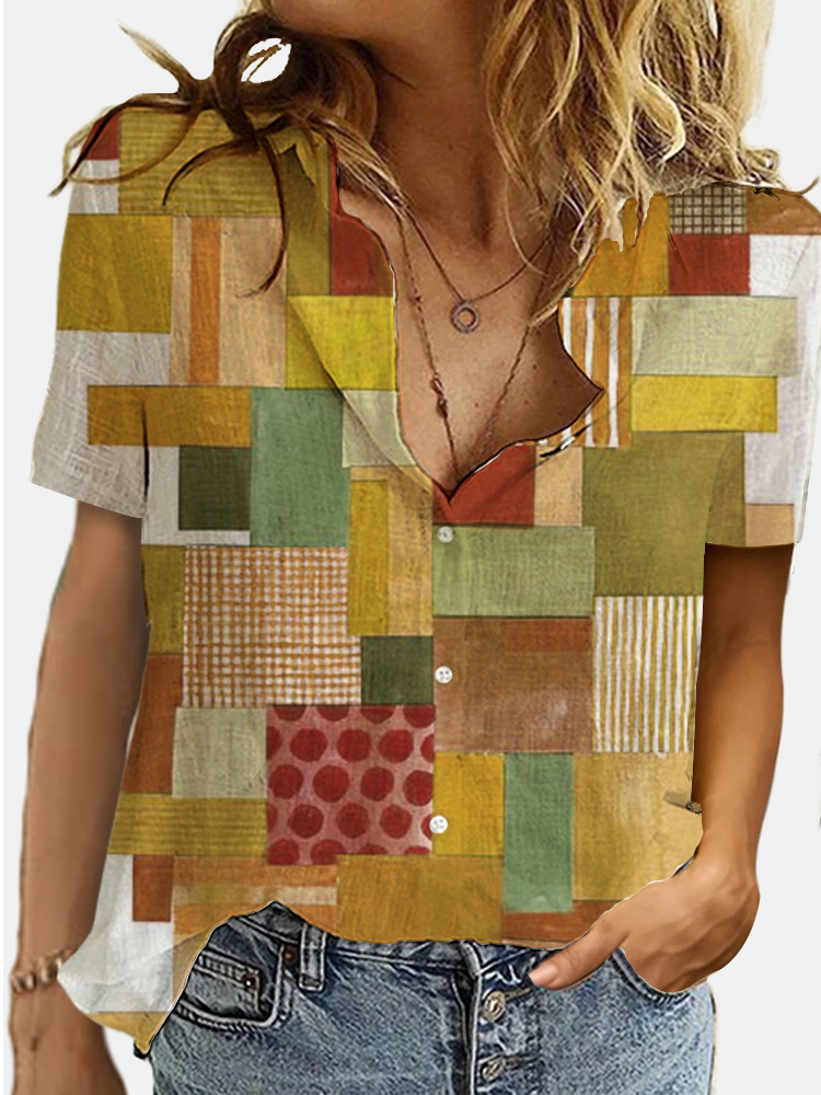 Digital printing fashion short sleeve shirt for women