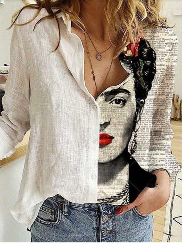 Printing digital cotton retro long sleeve shirt for women