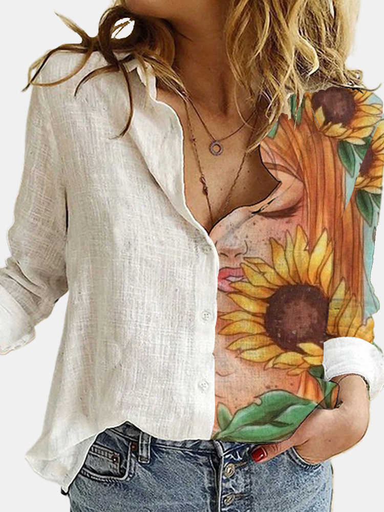 Printing long sleeve loose sunflower fashion shirt for women