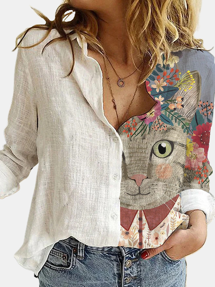 Animal loose long sleeve printing kitty shirt for women
